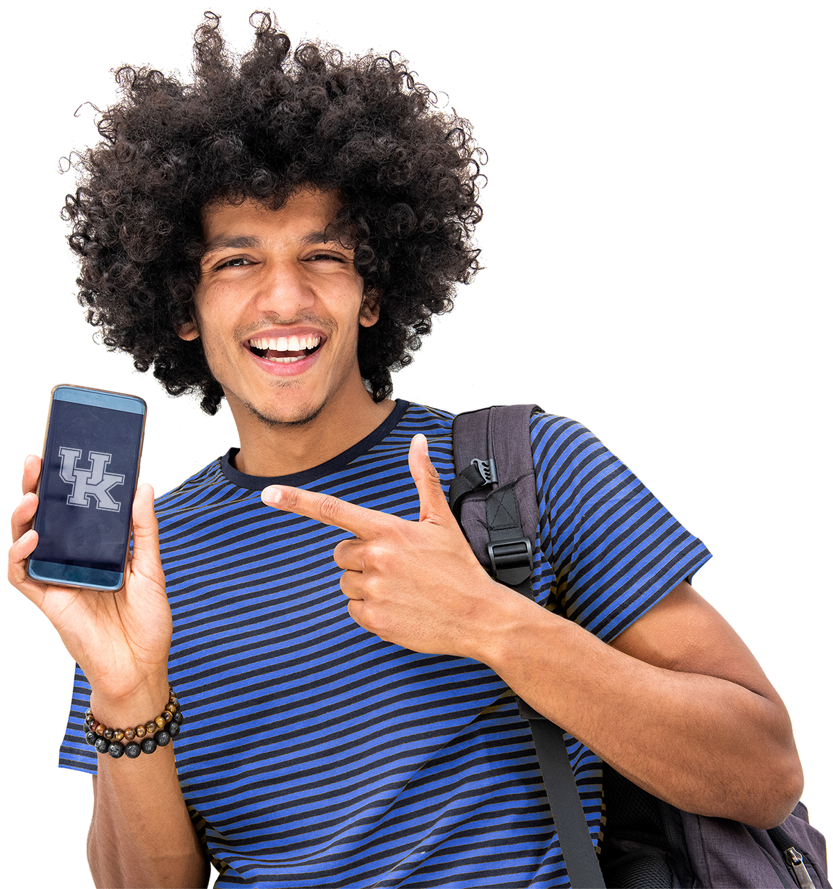 Happy young man holding a mobile phone with a University of Kentucky logo on the screen.