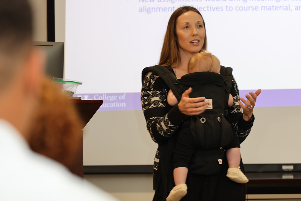 Photo of Dr. Marilyn Nehls sharing her experience re-designing KHP 240 during the Course Quality Design Program Showcase.