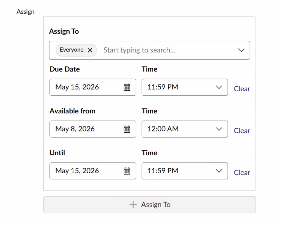 A screenshot of the initial interface when assigning an extension of a due date on Canvas.