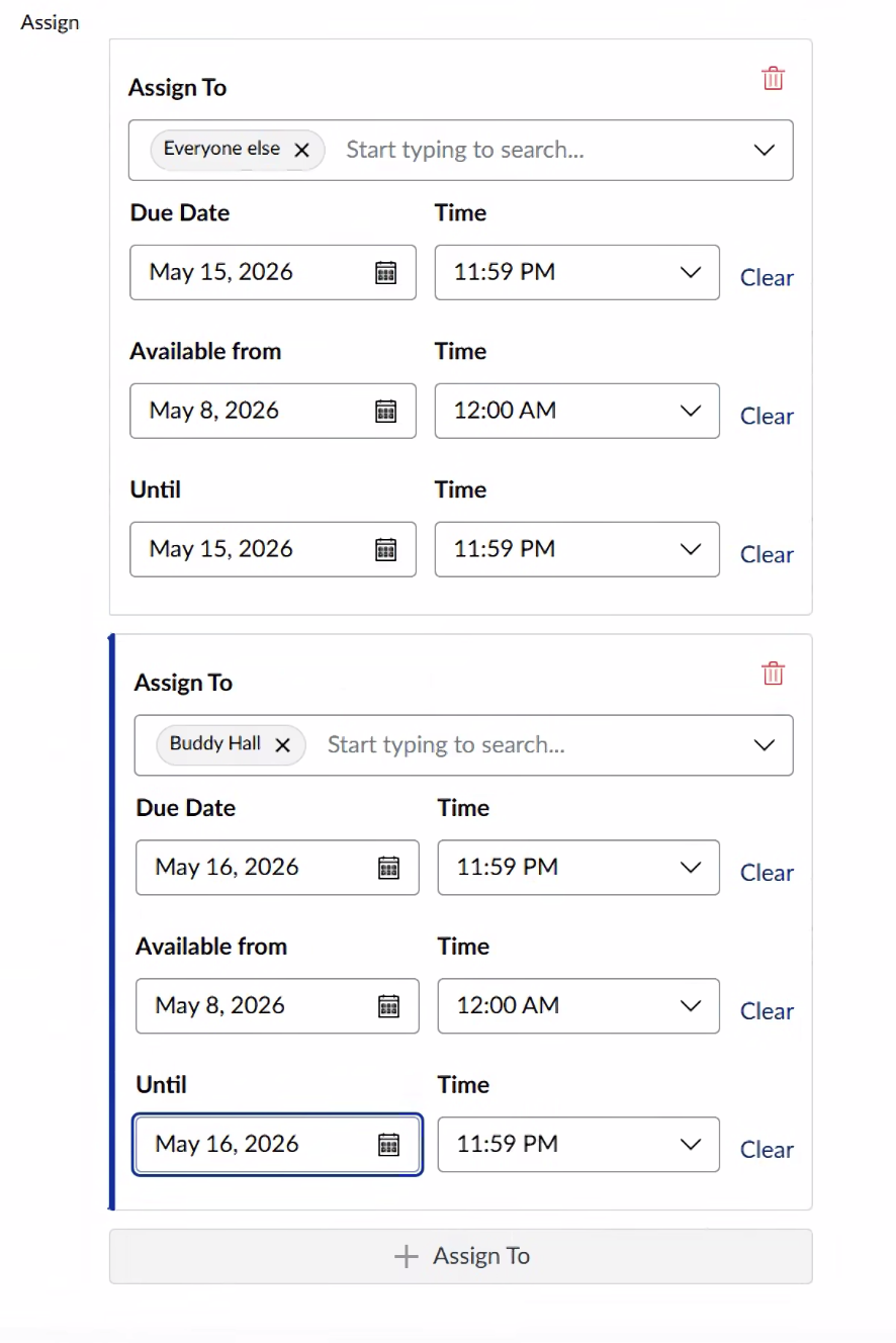 A screenshot of the additional interface when assigning an extension of a due date on Canvas.