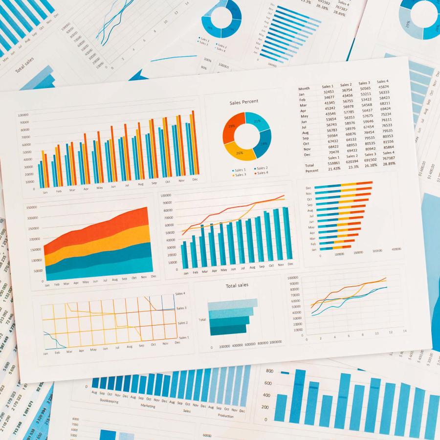 Business graphs and charts on table. Financial development, Banking Account, Statistics