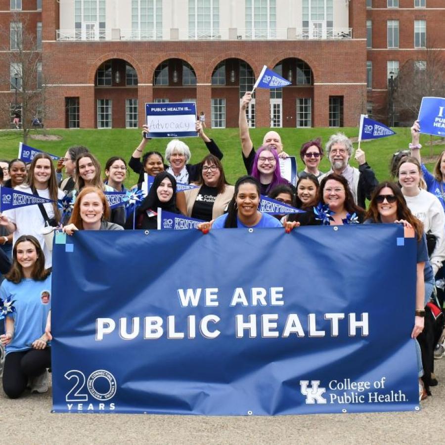 Public Health students gathered in front of building